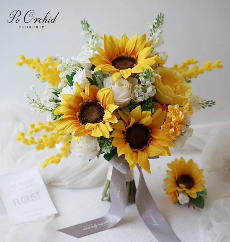 

PEORCHID Fall Sunflowers Bridal Bouquet Yellow White Rose Artificial Bride Bouquet De Mariage flowers Wedding Collection Set