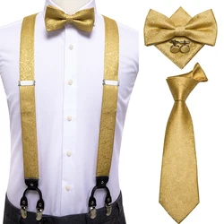 Hi-Tie 100% Silk Adult Men's Suspender Set Leather 6 Clips Braces Vintage Fashion Gold Floral Wedding Suspenders and Bowtie Set