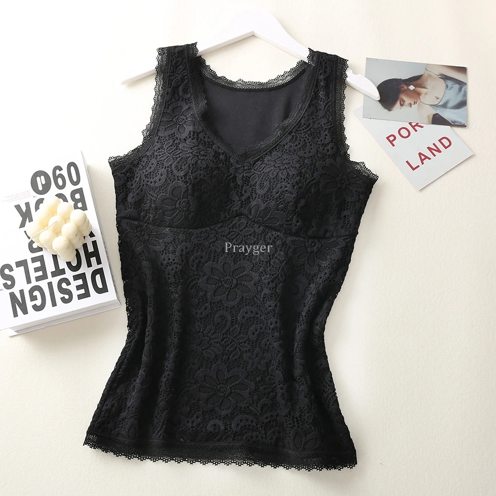 Women Thermal Underwear Winter Warm Body Tops Slim Waist Vest Lace Removable Pads