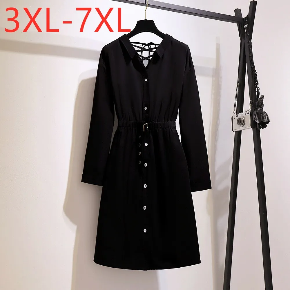 

New autumn winter ladies plus size dress for women large loose casual long sleeve button black belt V-neck dress 4XL 5XL 6XL 7XL