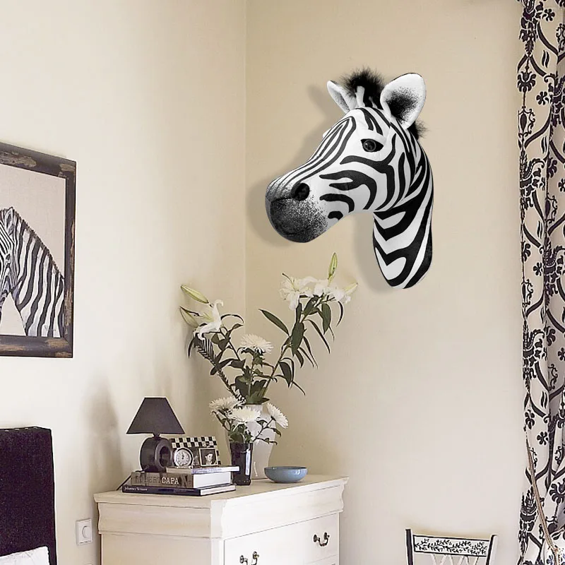 3D Lifelik ZOO Forest Animals  Photo Props Zebra Head Wall Plush Toys Bedroom Decoration Party Decoration