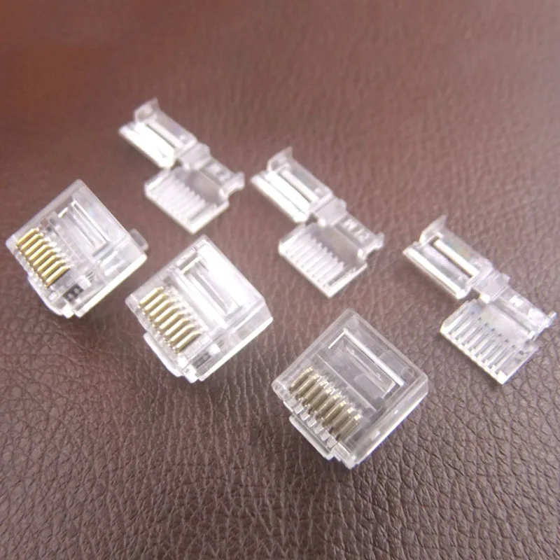 

100pcs NEW Connector RJ45 8P8C Short body two style Six kind Crystal Head Trident gold plated ultra fine flat wire Wholesale