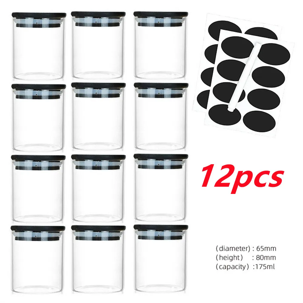 12 Piece Set Kitchen Glass Storage Bottle with Lid Square Spice Containers Home Accessories With Labels