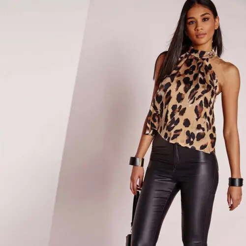 Women s Halter Sleeveless Vests Leopard Print Backless Blouse Bsic Tops Tee Shirt