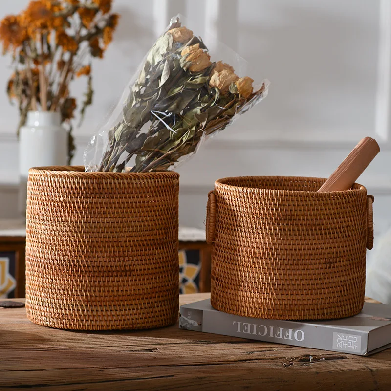 Rattan Storage Basket Handwoven Rattan Bucket For Flowers Cylinder Storage Desktop Trash Can Baskets For Organizing