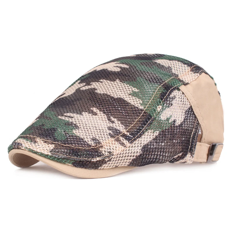 Men Women Camouflage Duckbill Beret Cap Hollow Breathable Mesh Gatsby Cap Adjustable Cabbie Newsboy Driving Hunting Flat Hat