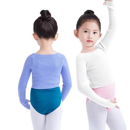 Imagen 2 del producto Top de baile de Ballet para niñas, cárdigan de punto de manga larga, suéter recortado con agujero para el dedo, calentamiento suave para leotardos