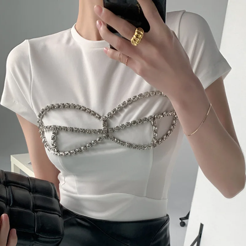 

summer fashion rhinestone cropped short T-shirt female slim slimming shirt top women