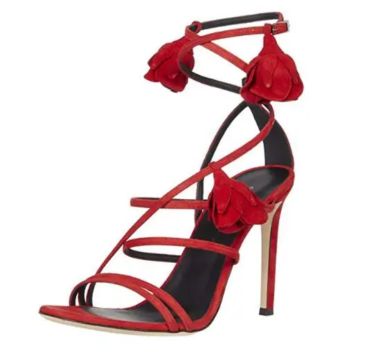 Summer 3D rose Flower Red Black Suede Narrow Bands High Heel Sandals Fashion Gladiator Woman Stiletto Heels Party Sandals Shoes