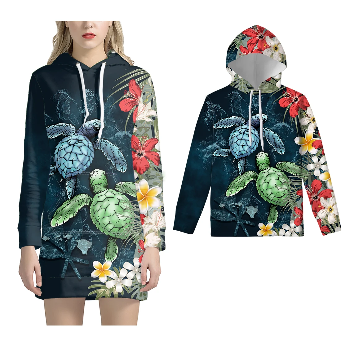 

NOISYDESIGNS Boho Hoodies Women Dress 3pcs Family Sets For New Year Sweatshirt Hawaii Turtle Polynesian Hibiscus Plumeria Hoodie