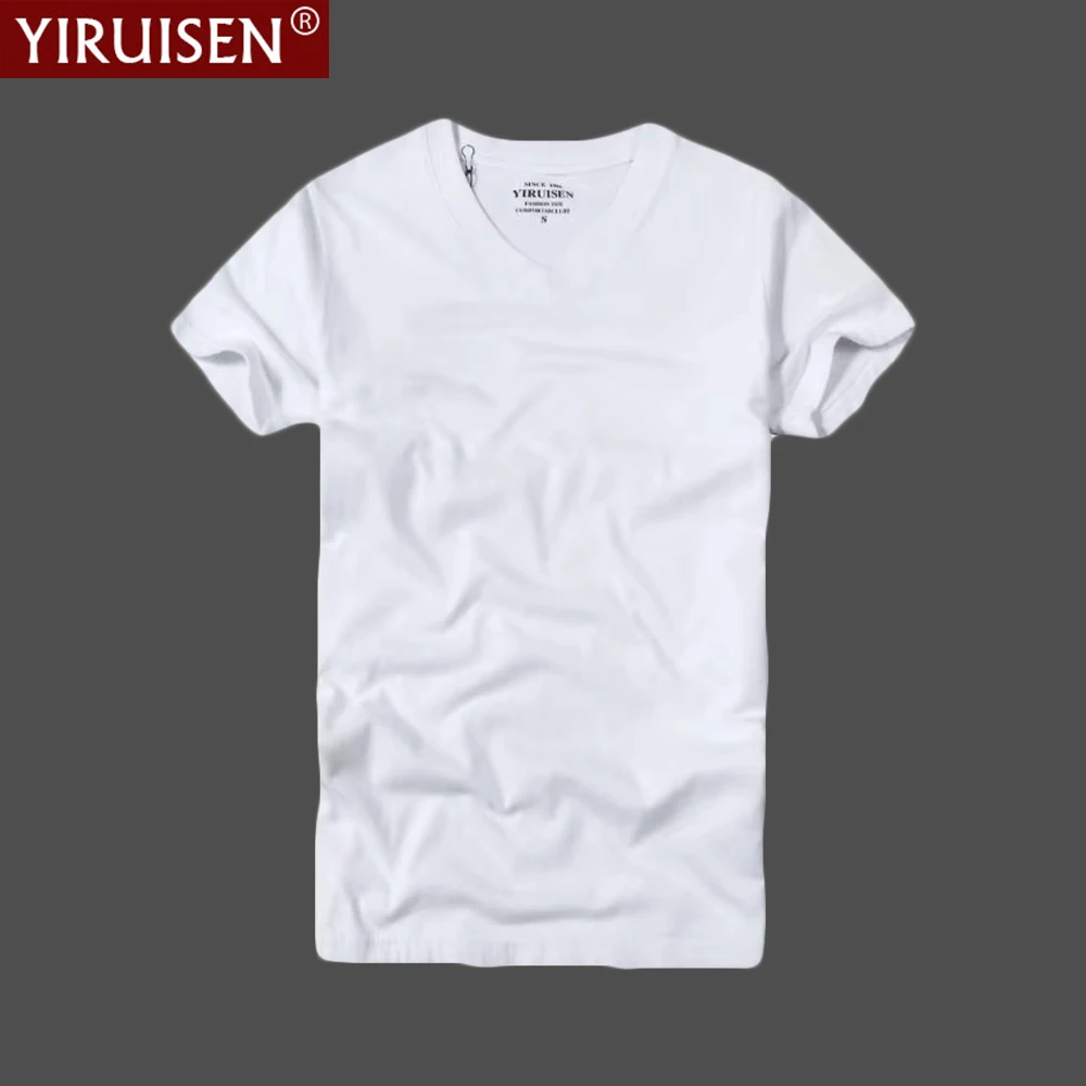 Solid Color V-Neck YiRuiSen 100% Cotton Men's T-Shirt Comfortable Male Top Quality Short Sleeve Vintage Breathable Soft Tshirts