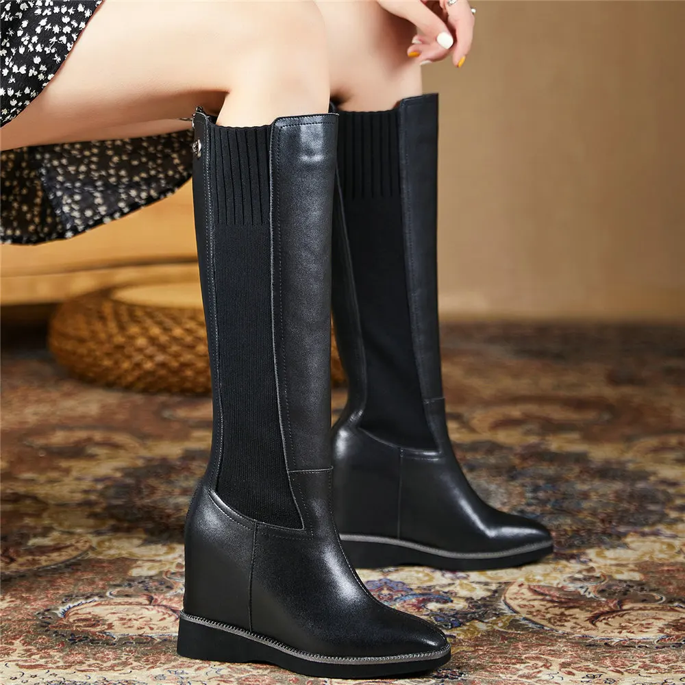 

Shoe Women Genuine Leather Wedges High Heel Knee High Snow Boots Female Winter Warm Thigh High Platform Pumps Shoes Casual Shoes