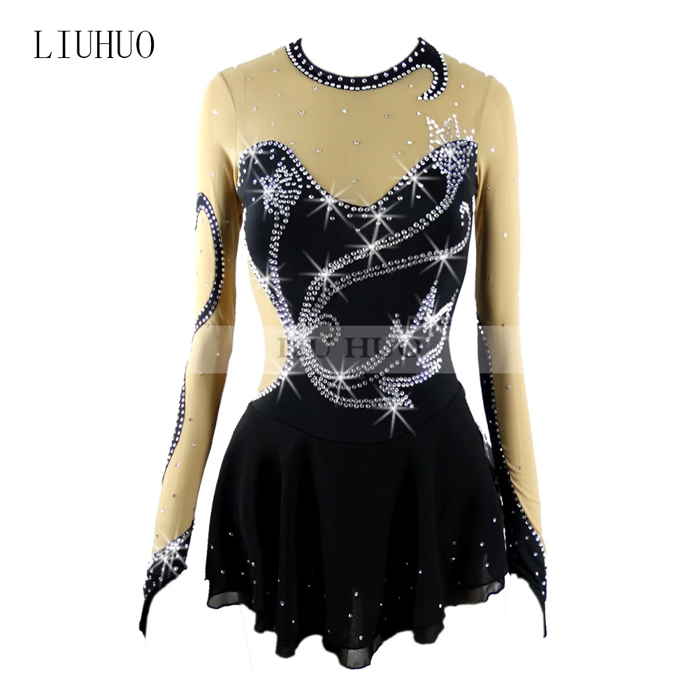 LIUHUO Women Girl Performance Aldult Gymnastics Competition Leotard Ice Figure Skating Dress Dance Costume Black Long Sleeve Kid