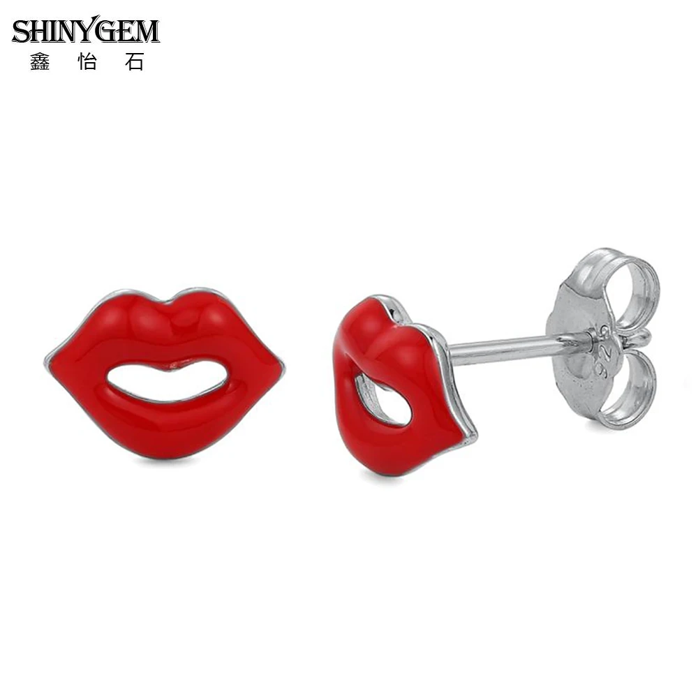 

SHINYGEM 06*09mm Fashion Hot Selling Lip Stud Earrings Sexy Female Bright Silver Needles Smooth Red/Pink For Women