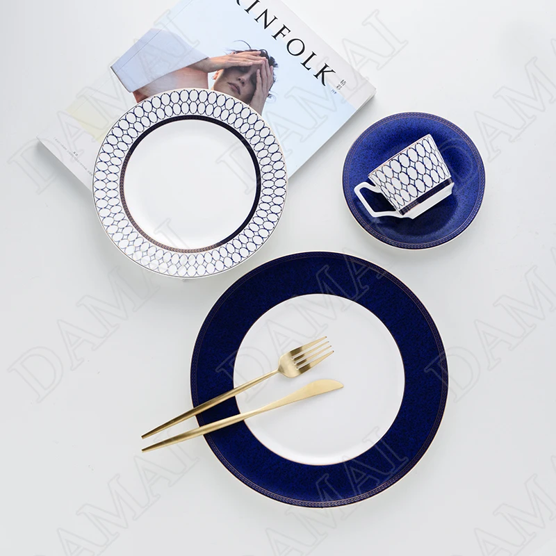 

Nordic Ceramic Plates Golden Stroke Porcelain Cake Dessert Plate Blue Salad Fruit Dishes Banquet Trays Home Decoration Modern