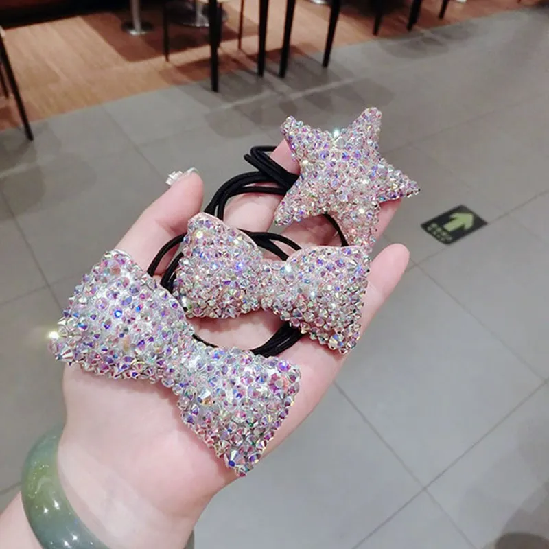 Full Rhinestone Bow Hair Accessories Elastic Hair Bands Luxury Crystal Doll Bear Heart-shape Hair Tie Rubber Band Gums Wholesale