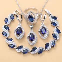 925 Mark Silver Color Wedding Dress Accessories Women Bridal Necklasce And Earrings Jewelry Sets Zircon Blue Bracelet Ring Sets