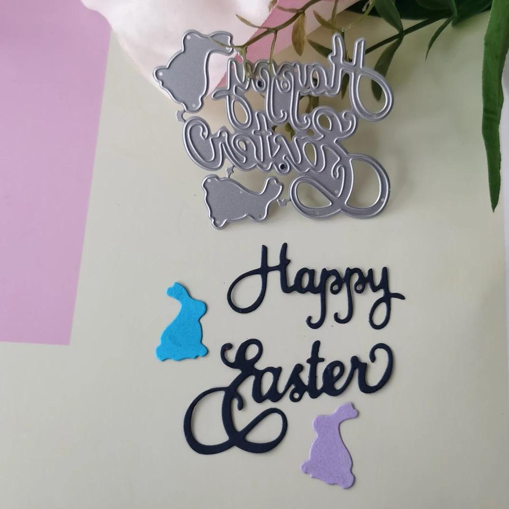 

Happy Easter English words and Rabbit Metal cutting Mould DIY scrapbook Photo album Decoration embossed Card process template Ne