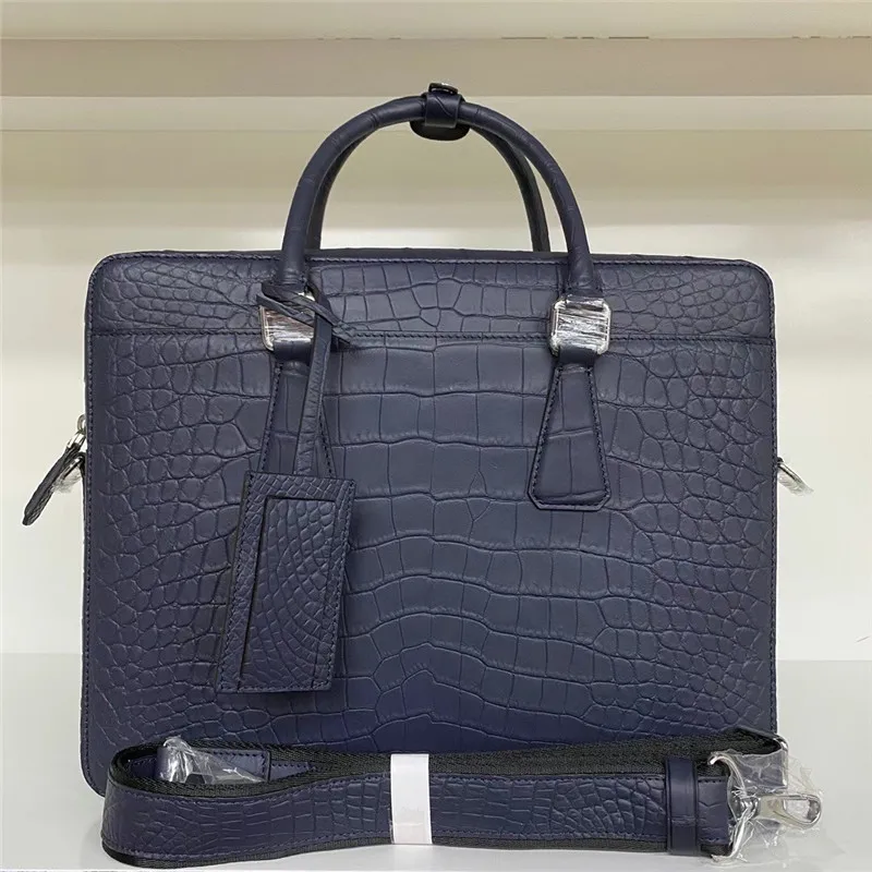 

Authentic Crocodile Belly Skin Matt Finish Navy Blue Businessmen Briefcase Working Purse Genuine Alligator Leather Male Handbag