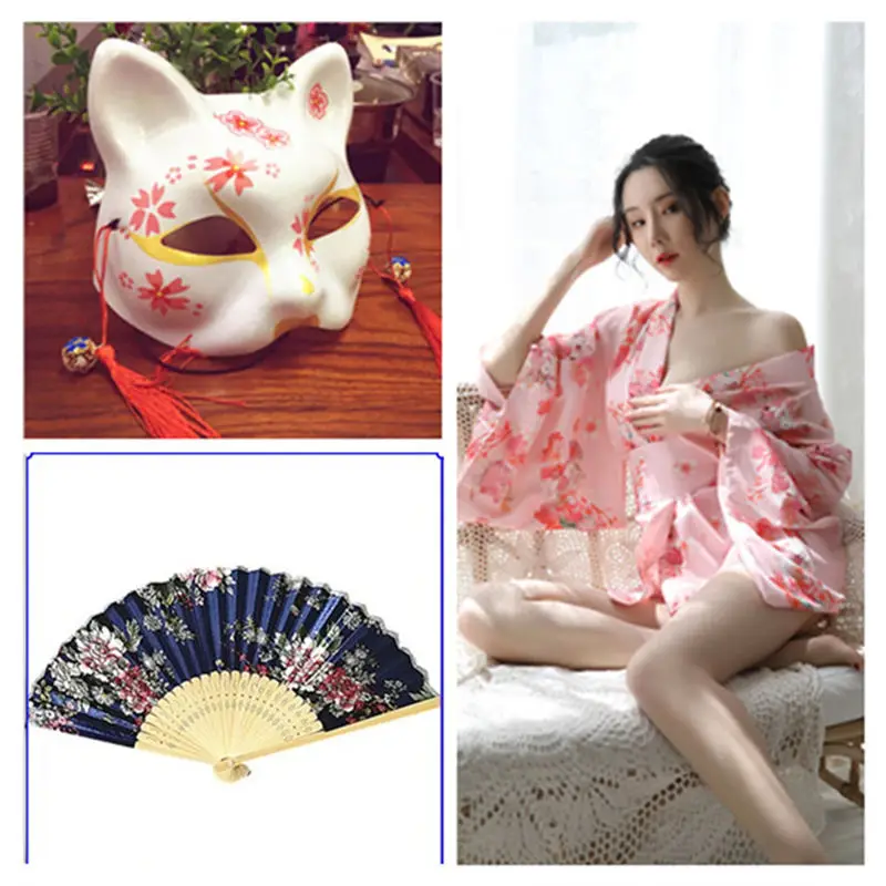 2020 Chiffon Suit Japanese Exquisite Printed Cardigan Bathrobe Pajamas Sexy Underwear New Kimono Plus Fox Mask And Folding Fan