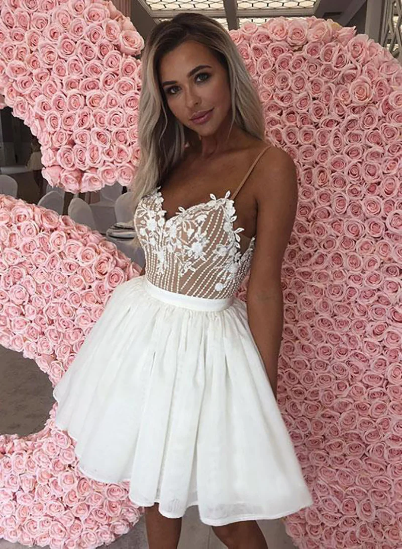 Vestido corto de gasa con tirantes finos para baile de graduación, minivestido de encaje para Cóctel, Vestidos para baile de bienvenida, color blanco, barato