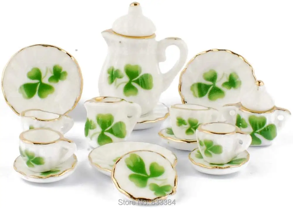1/12 1 Set 15 Pieces Ceramics Tea Cup Set Lovely Dollhouse Decoration Set Dollhouse Kitchen Accessories