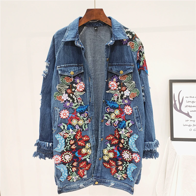 Harajuku Heavy work Flower embroidery Hole Denim jacket Women Streetwear Autumn Mid-length Loose Casual Jean coat Chaqueta Mujer