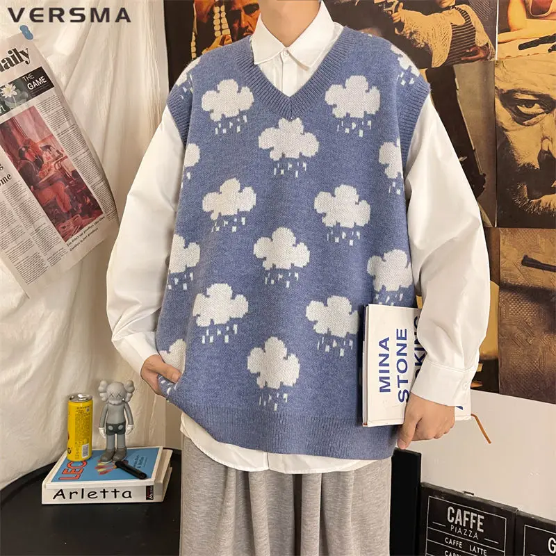 

VERSMA Korean Vintage Blue Cloud V-neck Oversize Vest Men Autumn Knitted College Style Sweater Vest Waistcoat Women Dropshipping