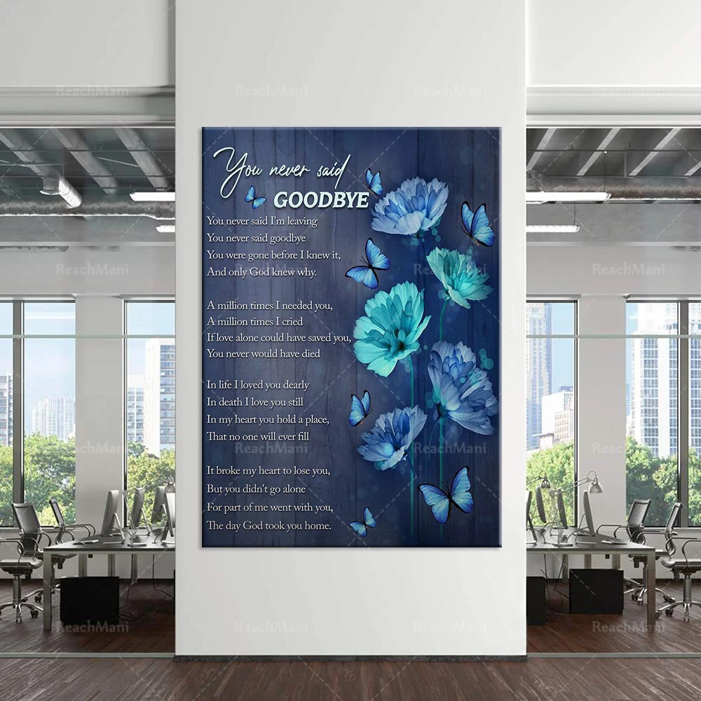 Schmetterling, blaue Blume, Leinwand-Poster „You Never Say Goodbye“, Leinwand-Poster, Wandkunst, Druck, Heim- und Wohndekoration