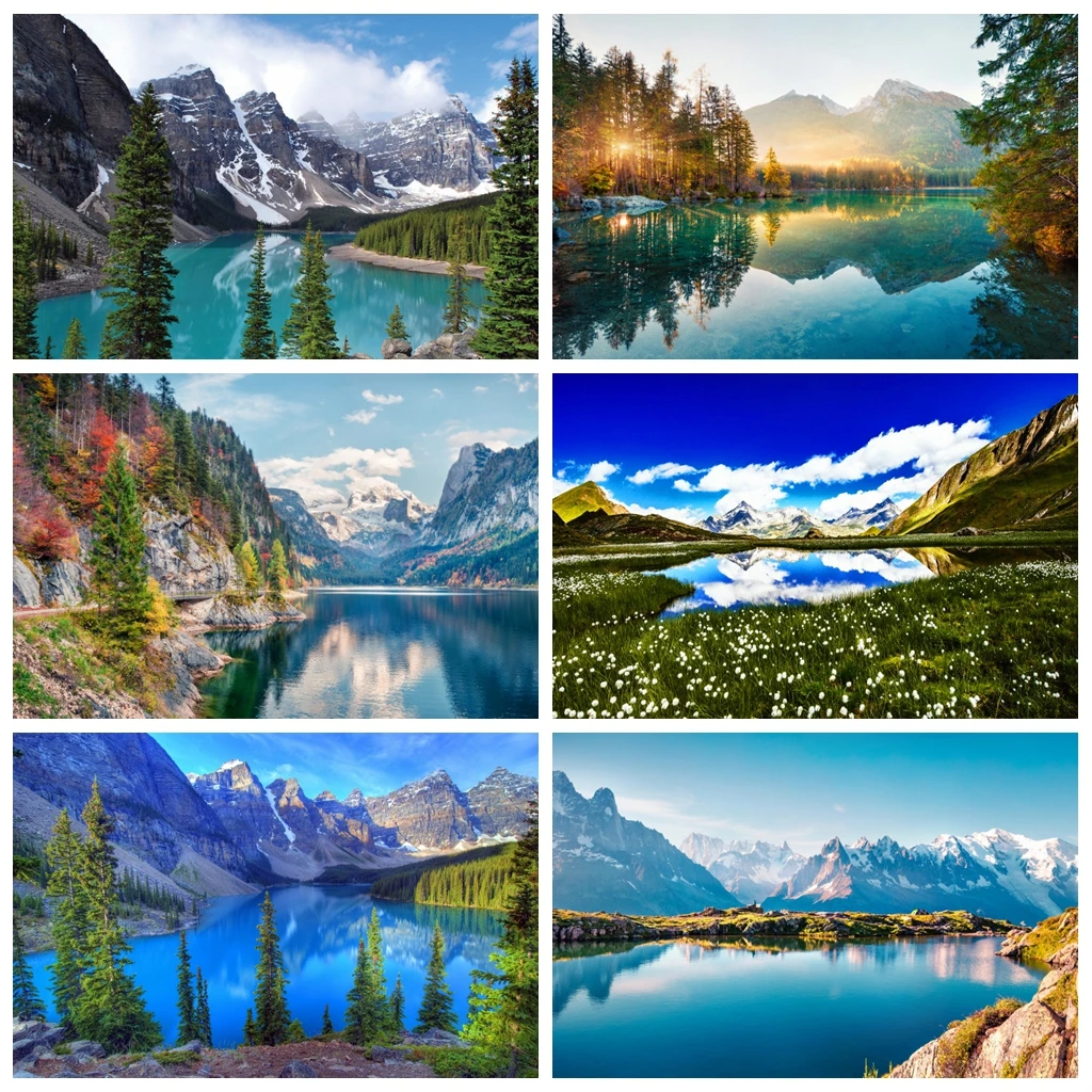 

Laeacco Natural Scenery Landscape Mountain Sky Cloud Lake Trees Photography Background Photographic Backdrop For Photo Studio