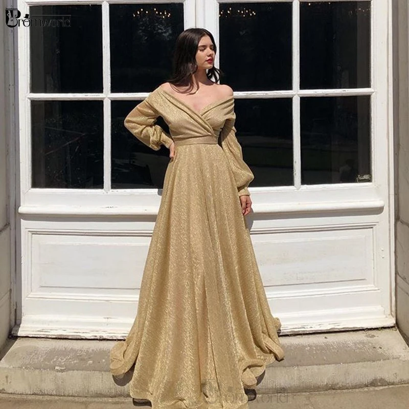 Glittering Gold Lace Prom Dresses Long Sleeves A-Line Off the Shoulder Evening Party Dress V-Neck Robe De Soiree Prom Gowns 2022