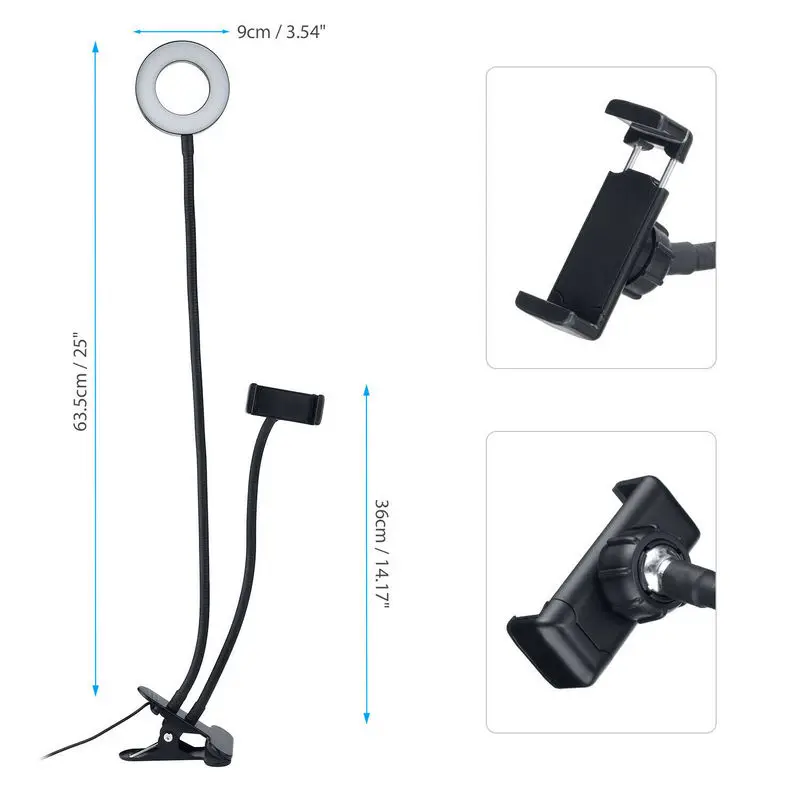 Soporte Universal de brazo largo para Selfie, anillo de luz de relleno de Flash de 24LEDs, 5V, 12w, con Clip USB, para cámara, soporte para teléfono móvil, lámpara de transmisión en vivo