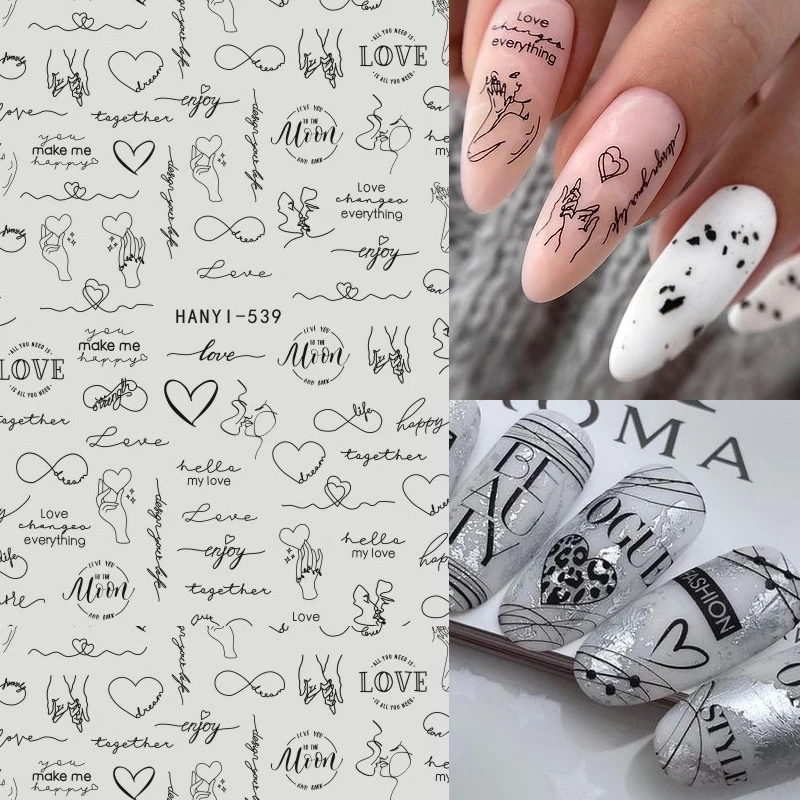 Valentine Love Heart Line Designs Ahesive Wraps Nail Stickers Decals Geometrics Slider For Nail Art Decoration