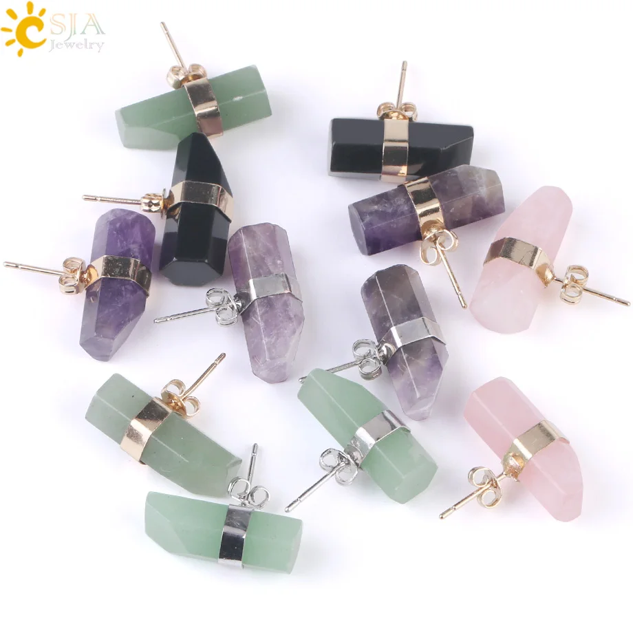 CSJA Natural Stone Stud Earrings Geometric Crystal Pillar Pink Quartz Earring for Women Healing Fashion Ear Jewellery G033