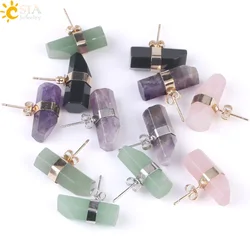 CSJA Natural Stone Stud Earrings Geometric Crystal Pillar Pink Quartz Earring for Women Healing Fashion Ear Jewellery G033