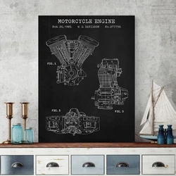Motorcycle Engine Blueprint Art Canvas Painting Vintage Poster Industry Prints Wall Pictures Boys Room Decoration Gift for Him
