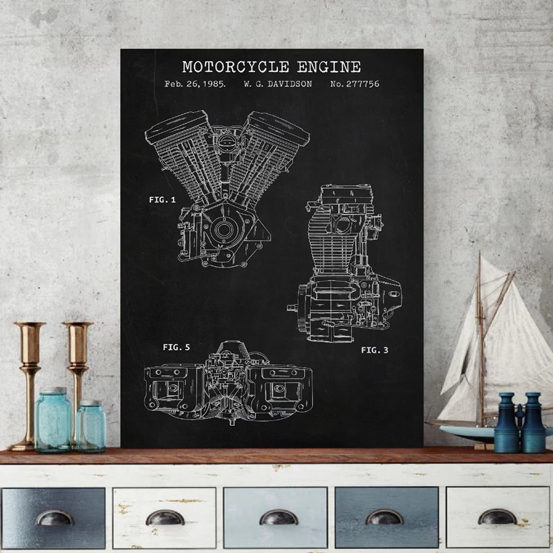 Motorcycle Engine Blueprint Art Canvas Painting Vintage Poster Industry Prints Wall Pictures Boys Room Decoration Gift for Him