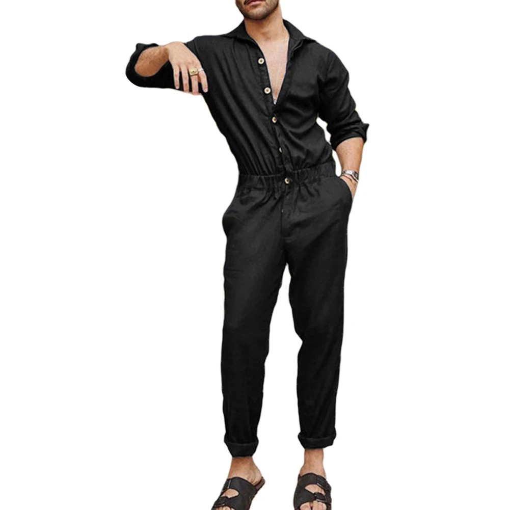 Men’ s Overalls Long Pants Fashion Casual Button Jumpsuit Solid Color Turn-Down Collar Long Sleeve Playsuits Romper for Male