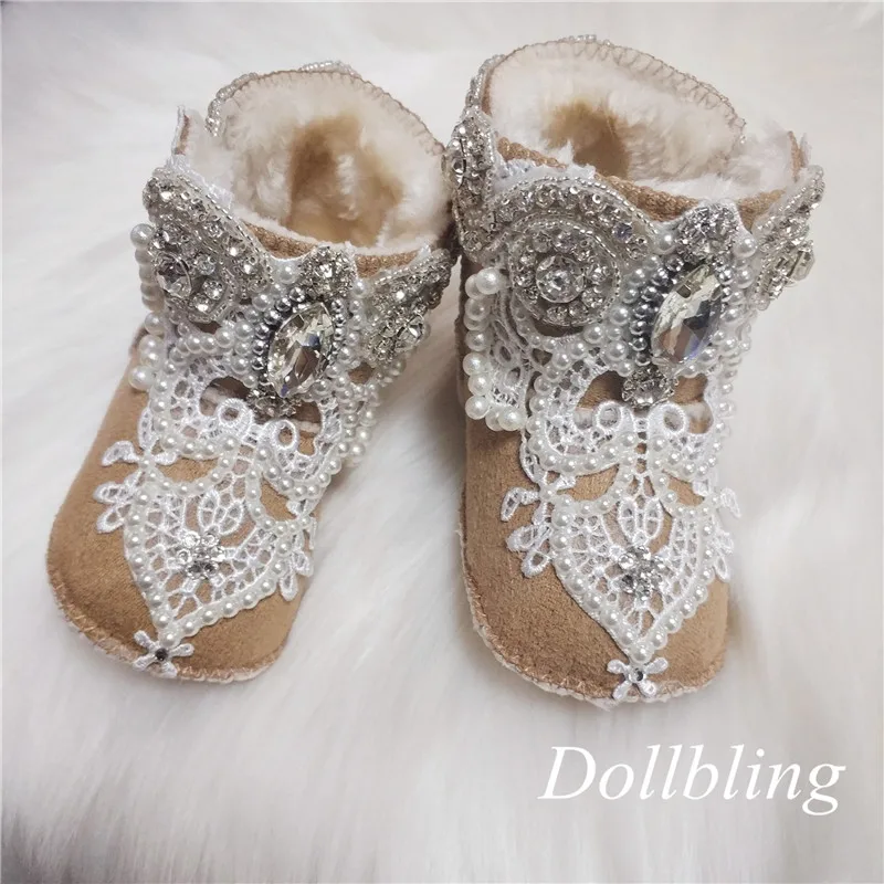 Baby Boutique Vintage Baroque Diamond Silver Pearls Designed Lace Crystal Flower Girl Baby Botties Chelsea Infant Ankle Boots