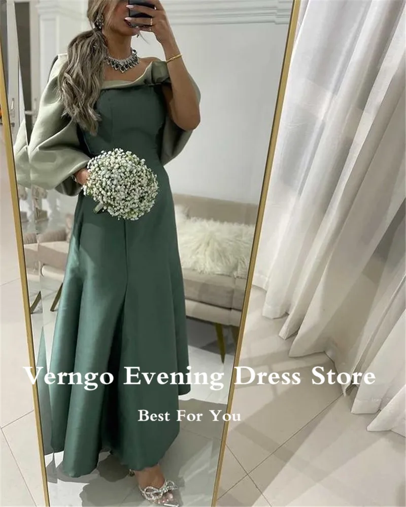 Verngo velho verde uma linha de cetim vestidos de baile puff 3/4 mangas compridas tornozelo comprimento formal festa à noite vestido para árabe saudita