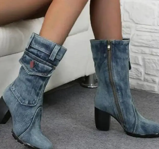 Spring autumn Denim boots for Women Mid-rise Solid color Large Size Shoes woman Slip-On Chunky Med Heels Mid-calf Boots 35-43