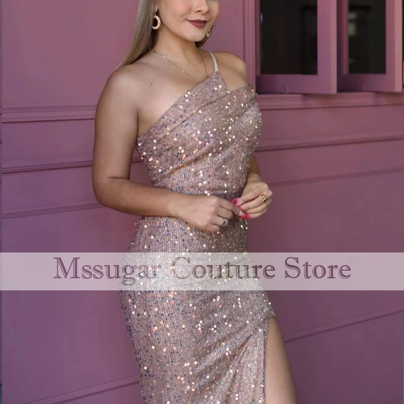 2021 New Pink Sequined Mermaid Prom Dresses One Shoulder Evening Gowns Wear Plus Size Vestidos de Fiesta de sirena