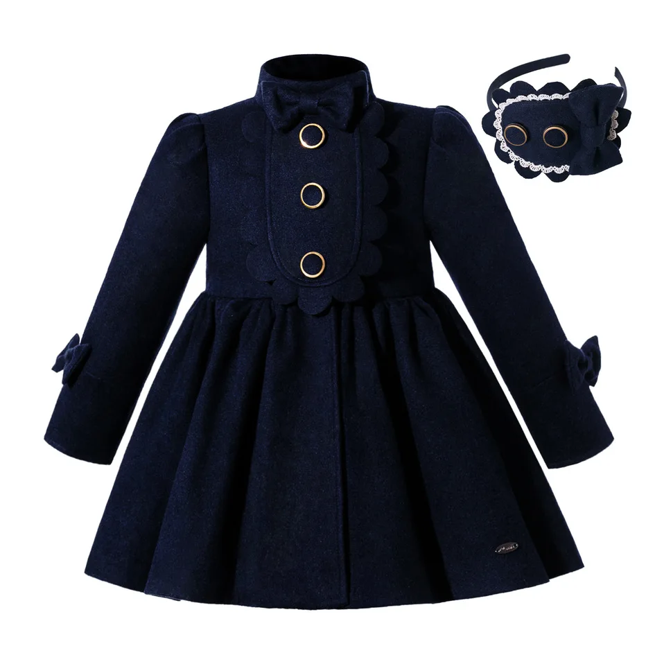 Pettigirl Navy Blue Girl Coats Stand Collar A-Line Girls Outwear Winter Coat Kids Fall Clothes Jackets With Headwear