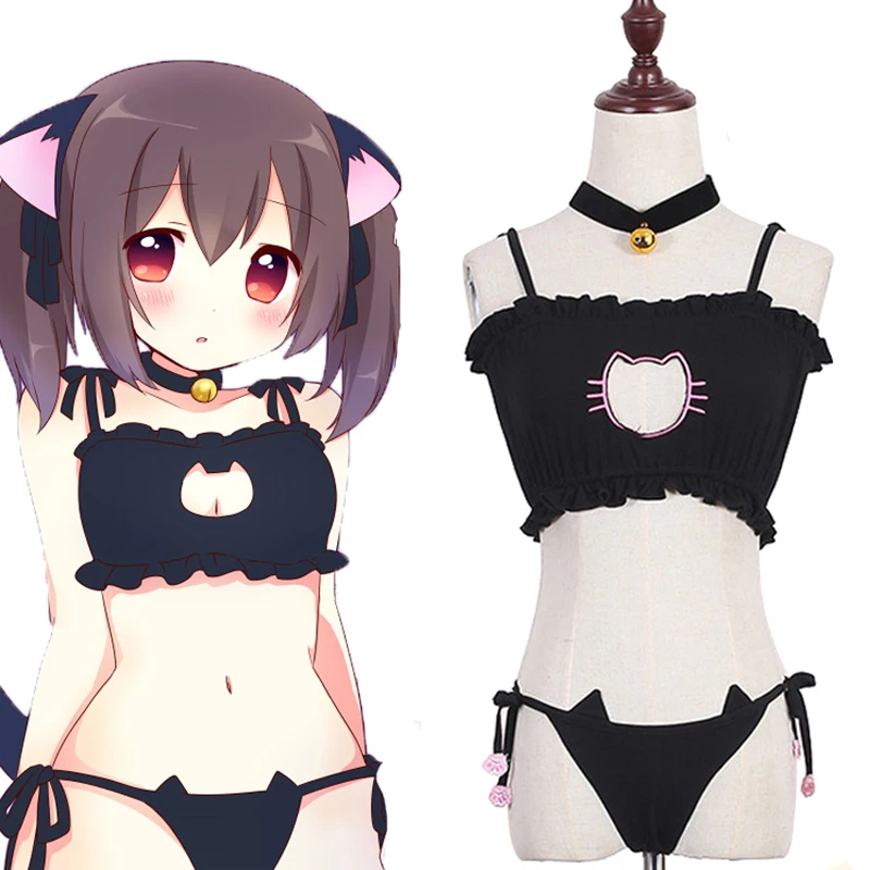 

Sexy Kawaii Neko Cat Hollow Keyhole Bra Cute Cat Paw Print Underpant Underwear Love Live Cosplay Women Erotic Lingerie Set