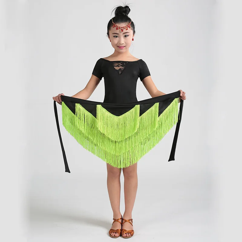 Children Latin Dance Skirt Tassel Hip Scarf Skirt For Girls Skirt Kids 3-layer Fringed Triangle Scarf Hip Dancewear Performance