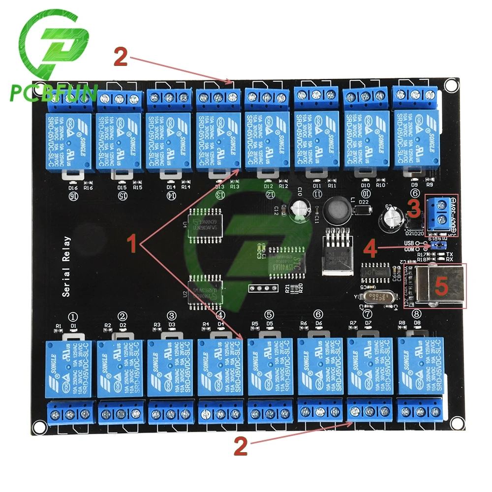 DC 7V-38V 16-channel 16 Ch Serial Relay Module 10A/250V Relay Module Board DC 12V 24V Relay Module Open/Normally Closed Terminal