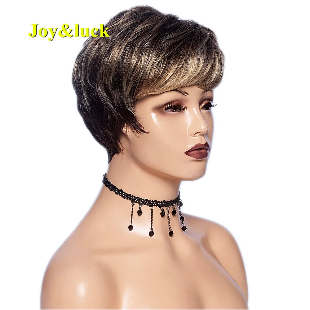 

Short Synthetic Wig Brown Ombre Blonde Natural Silky Straight With Bangs Hair Wigs For Women Daily Use High Temperature Fiber