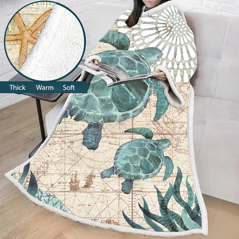 

3D Print Sea Fish Scale New Warm Blankets with Sleeve Wearable Home Adults Portable Weighted Blanket Coral Fleece Sherpa Blanket