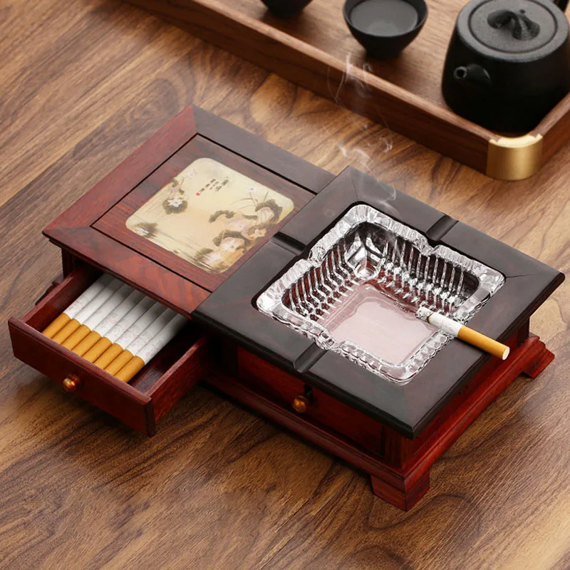 High-grade mahogany glass crystal ashtray with multi-functional drawer creative Chinese vintage decoration Q-206