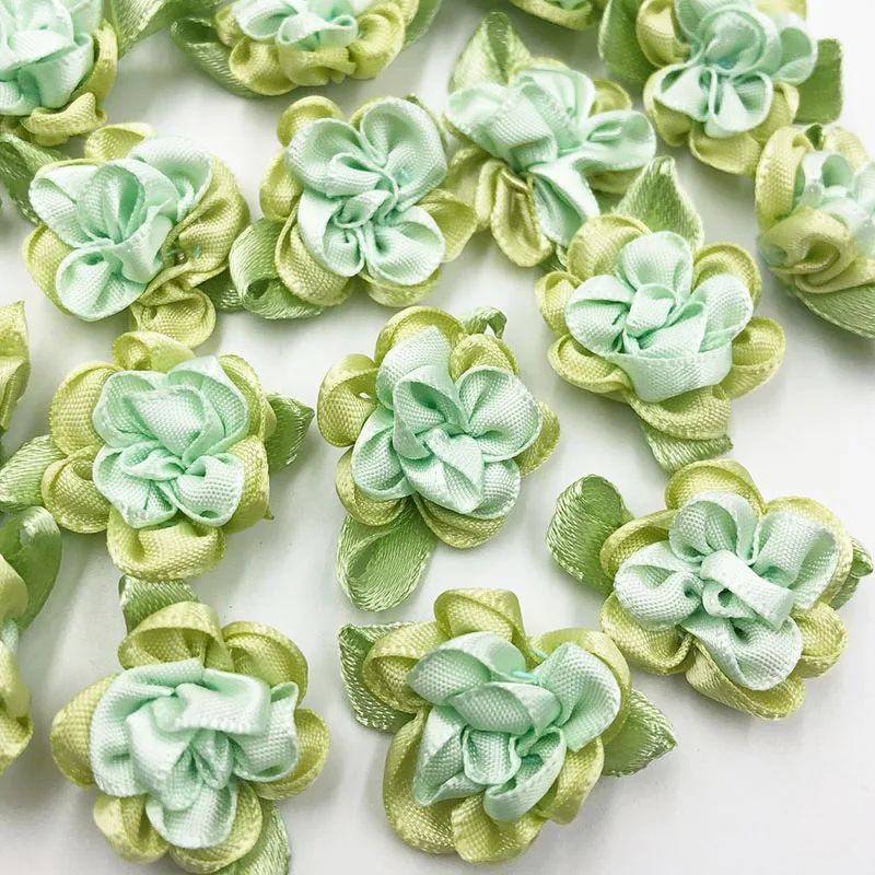 20pcs ribbon flowers with leaf handmade flowers apparel sewing appliques DIY accessories A047